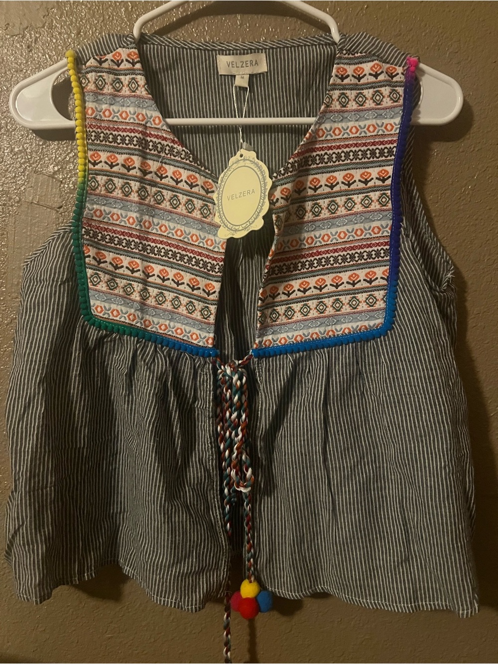 Velzera Navy & White Striped Boho Embroidered Top with Multicolor Accents